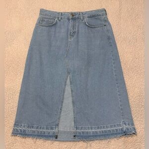Zara Denim Midi Distressed Skirt with Front Slit and back button strap M